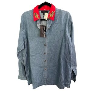 VTG 90s Deadstock Eagles Eye Denim Shirt L Blue Button Up Novelty Christmas‎ NWT